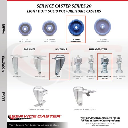 Service Caster 4 Inch Solid Polyurethane Swivel 12mm Stem Caster Total Lock Brake SCC, 2PK SCC-TSTTL20S414-SPUS-M1215-2-S-2